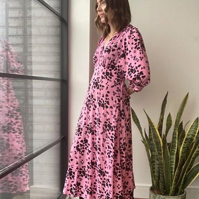 M&S Insider Caley wearing pink floral-print midi dress 