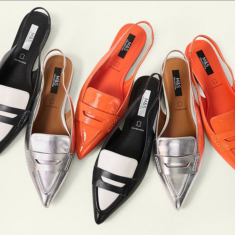 Group of pointed slingback shoes in orange, silver and black and white. Shop now. 