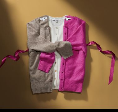 Cashmere cardigans in cappuccino, ivory and blossom pink. Shop women’s cashmere