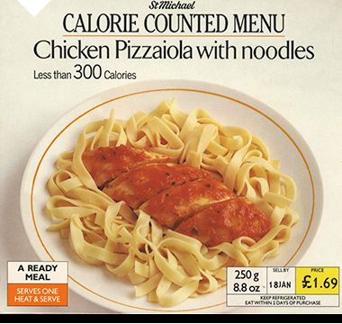 Calorie Counted St Michael Chicken Pizzaiola with noodles packaging, 1985