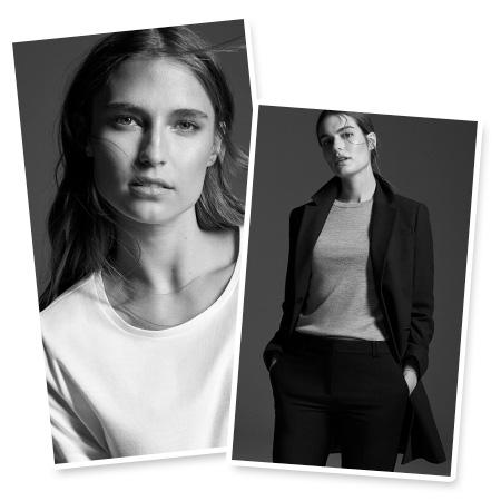 Model wears a white T-shirt from the Foundation Edit & Model wears a dark coat, trousers and a lightweight jumper from the Foundation Edit
