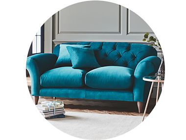 A bright blue sofa