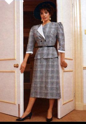 Woman wearing ‘Dallas’-inspired workwear look, 1985