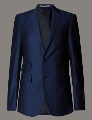 Blue Tailored Fit Wool 3 Piece Suit