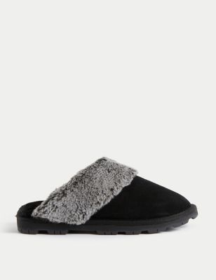 

Womens M&S Collection Suede Faux Fur Lined Mule Slippers - Black, Black