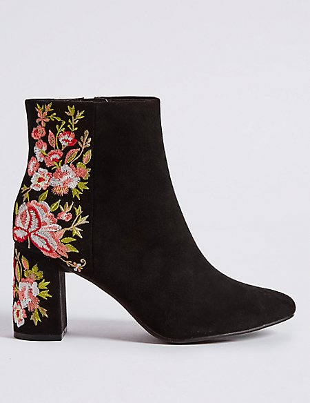 Block Heel Embroidered Ankle Boots