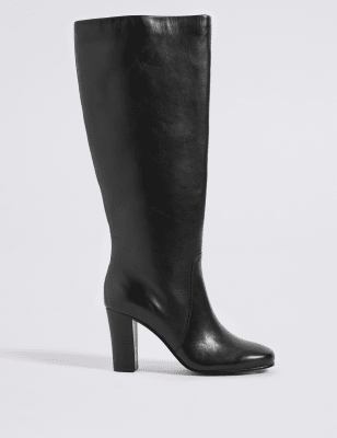 brown leather block heel knee high boots