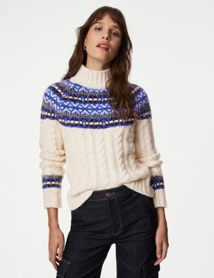 

Womens M&S Collection Fair Isle Cable Knit Funnel Neck Jumper - Ivory Mix, Ivory Mix