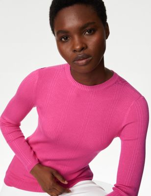 

Womens M&S Collection Ribbed Crew Neck Fitted Knitted Top - Fuchsia, Fuchsia