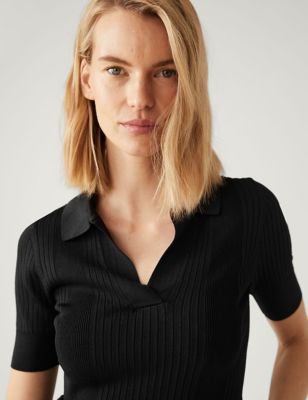 

Womens M&S Collection Ribbed Collared Knitted Top - Black, Black