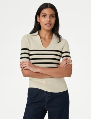 

Womens M&S Collection Cotton Rich Ribbed Striped Knitted Top - Ecru Mix, Ecru Mix