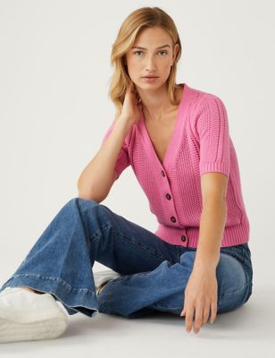 

Womens M&S Collection Cotton Rich Textured V-Neck Cardigan - Medium Pink, Medium Pink