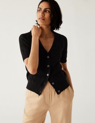 

Womens M&S Collection Cotton Rich Textured V-Neck Cardigan - Black, Black