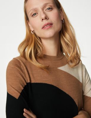 

Womens M&S Collection Pure Merino Wool Colour Block Jumper - Natural Mix, Natural Mix