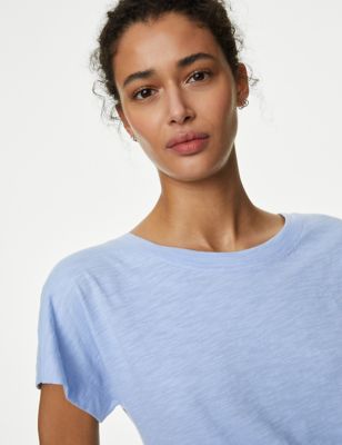 

Womens M&S Collection Pure Cotton Everyday Fit Slash Neck T-shirt - Ice Blue, Ice Blue