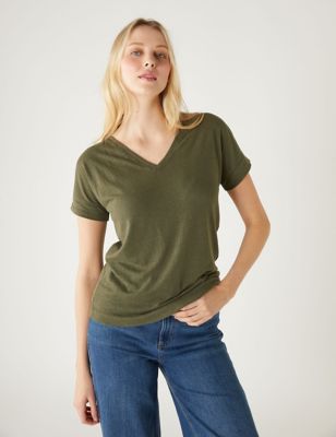 

Womens M&S Collection Linen Rich V-Neck T-Shirt - Hunter Green, Hunter Green