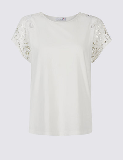 Pure Cotton Macrame Shoulder T-Shirt | M&S