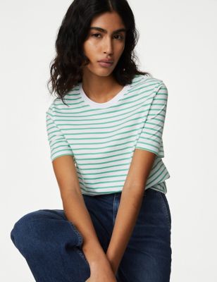 

Womens M&S Collection Pure Cotton Striped Everyday Fit T-Shirt - Leaf Mix, Leaf Mix