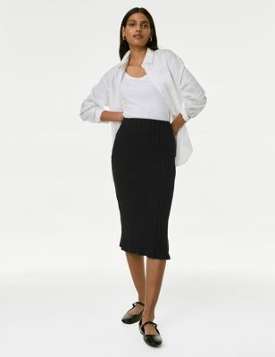 

Womens M&S Collection Cotton Blend Ribbed Midi Skirt - Black, Black