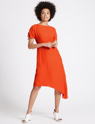 Asymmetric Tie Sleeve Swing Midi Dress