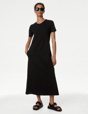 

Womens M&S Collection Jersey Round Neck Midi T-Shirt Dress - Black, Black