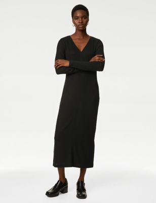 

Womens M&S Collection Ribbed V-Neck Midi Column Dress - Black, Black