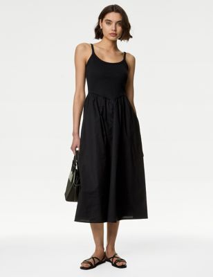 

Womens M&S Collection Cotton Rich Ribbed Midi Skater Dress - Black, Black