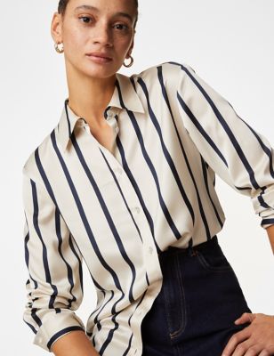 

Womens M&S Collection Satin Striped Collared Button Through Shirt - Navy Mix, Navy Mix
