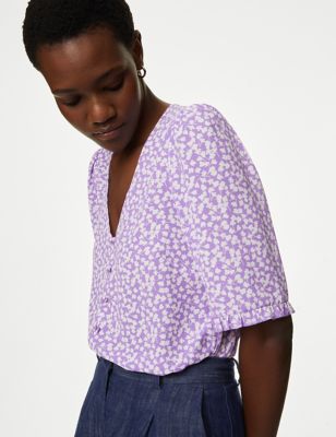

Womens M&S Collection Printed V-Neck Puff Sleeve Blouse - Purple Mix, Purple Mix