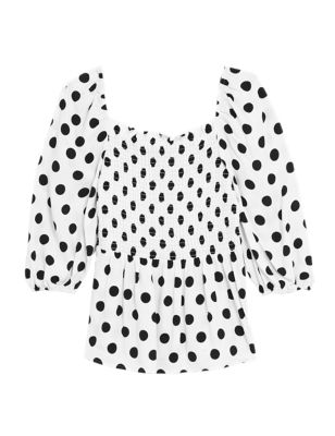 

Womens M&S Collection Polka Dot Square Neck 3/4 Sleeve Peplum Top - Ivory Mix, Ivory Mix