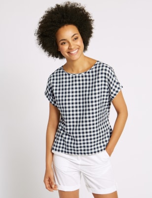 Cotton Blend Gingham Short Sleeve Shell Top