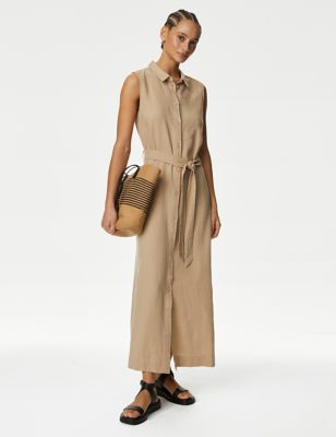 

Womens M&S Collection Linen Rich Button Through Midi Shirt Dress - Buff, Buff