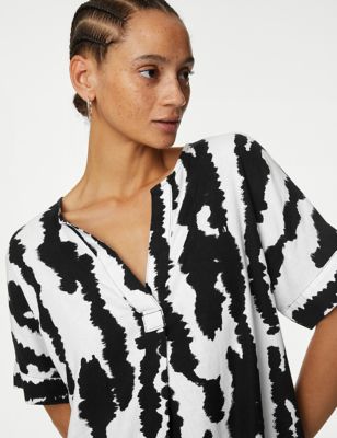 

Womens M&S Collection Linen Rich Printed V-Neck Shift Dress - Black Mix, Black Mix