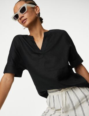

Womens M&S Collection Pure Linen V-Neck Popover Blouse - Black, Black