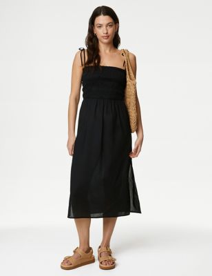 

Womens M&S Collection Pure Cotton Shirred Midi Beach Dress - Black, Black