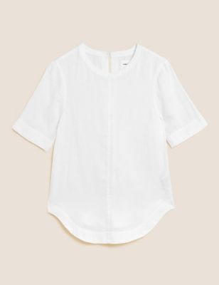 

Womens M&S Collection Pure Linen Round Neck Short Sleeve Boxy Top - White, White