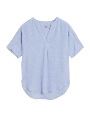 

Womens M&S Collection Pure Linen Short Sleeve Popover Blouse - Chambray, Chambray
