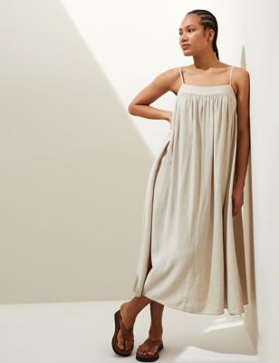 

Womens M&S Collection Linen Rich Square Neck Midi Cami Dress - Calico, Calico