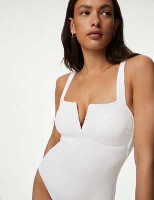 

Womens M&S Collection Tummy Control Ribbed Padded V-Neck Swimsuit - Soft White, Soft White