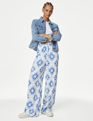 

Womens M&S Collection Wide Leg Floral Elasticated Waisted Trousers - Blue Mix, Blue Mix