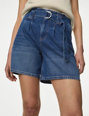 

Womens M&S Collection Denim Pleat Front Belted Shorts - Medium Indigo, Medium Indigo