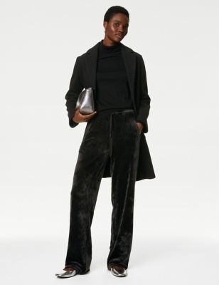 

Womens M&S Collection Velour Elasticated Waist Straight Leg Trousers - Black, Black