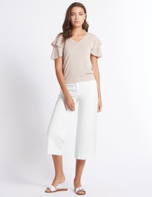 Cotton Rich Cropped Wide Leg Trousers