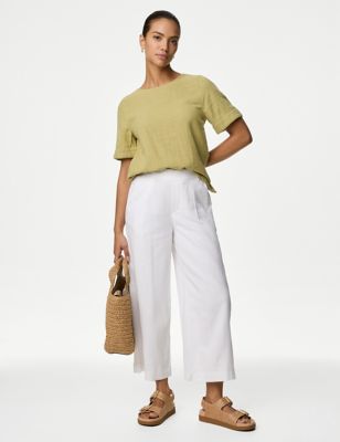 

Womens M&S Collection Linen Rich Wide Leg Cropped Trousers - Soft White, Soft White