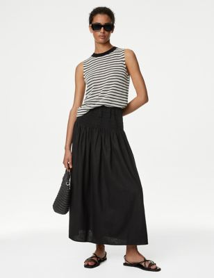 

Womens M&S Collection Linen Rich Shirred Midi A-Line Skirt - Black, Black
