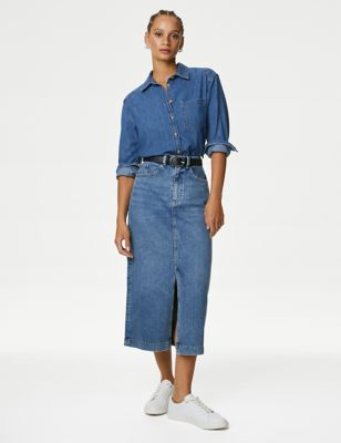 

Womens M&S Collection Denim Split Front Midi Skirt - Medium Indigo, Medium Indigo