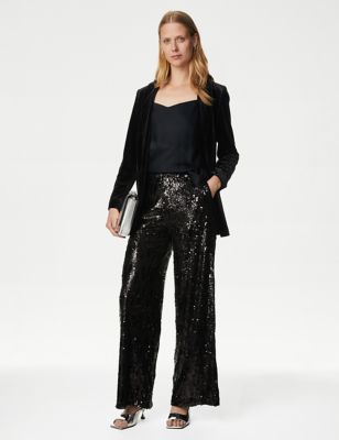 

Womens M&S Collection Sequin Elasticated Waist Wide Leg Trousers - Black, Black