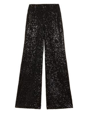 

Womens M&S Collection Sequin Elasticated Waist Wide Leg Trousers - Black, Black