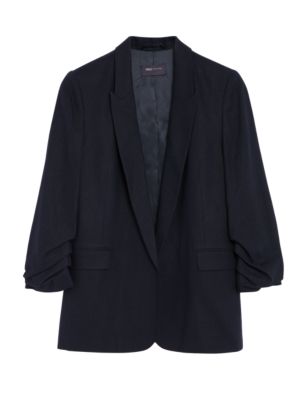 

Womens M&S Collection Linen Blend Ruched Sleeve Blazer - Midnight Navy, Midnight Navy