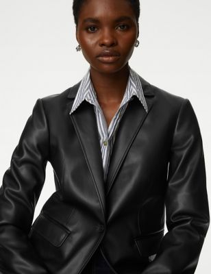 

Womens M&S Collection Faux Leather Tailored Single Breasted Blazer - Black, Black